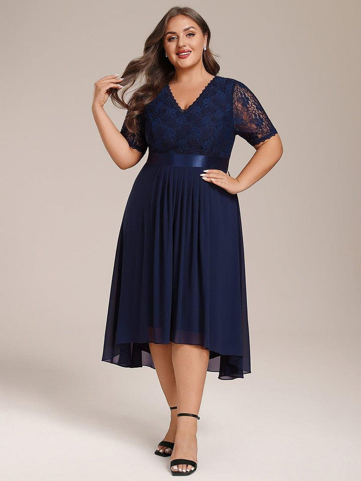 ever JOLEN|Half Sleeve Pleated V-Neck Lace Midi Wedding Guest Dress