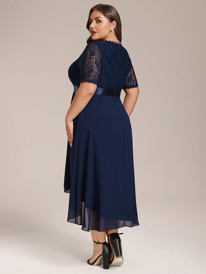 pretty JOLEN|Plus Size Half Sleeve Lace Pleated V-Neck Midi Wedding Guest Dress