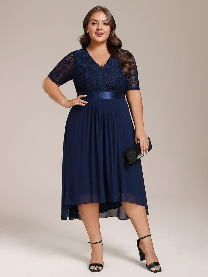 ever JOLEN|Half Sleeve Pleated V-Neck Lace Midi Wedding Guest Dress