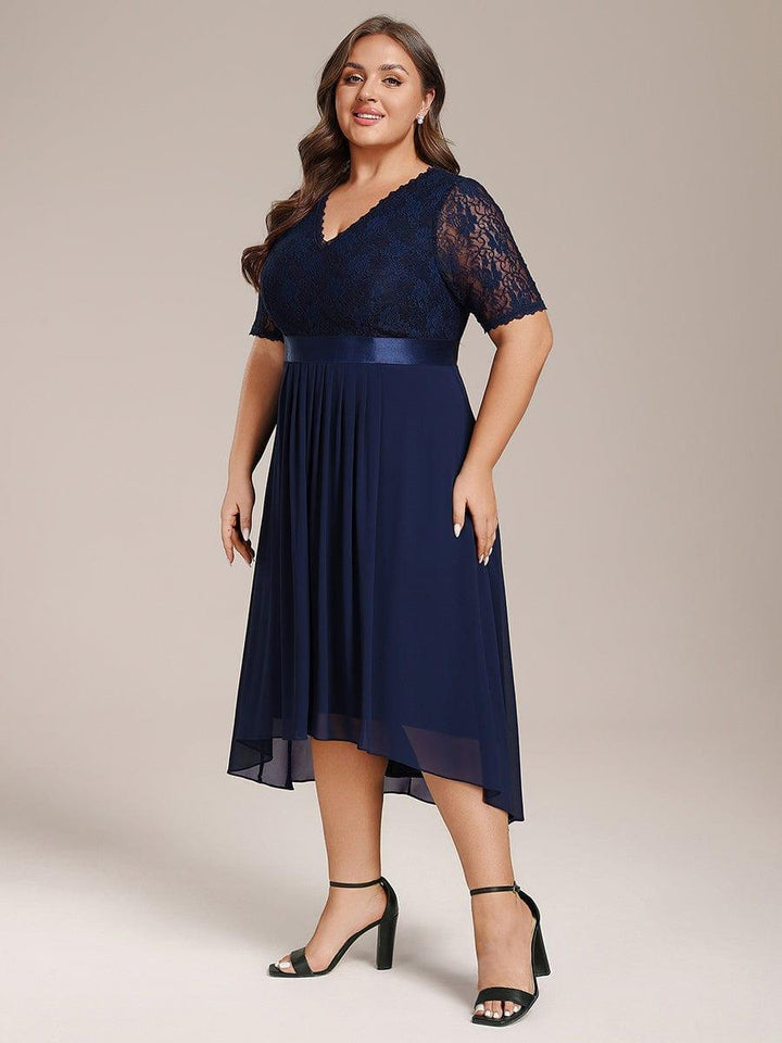 ever JOLEN|Half Sleeve Pleated V-Neck Lace Midi Wedding Guest Dress