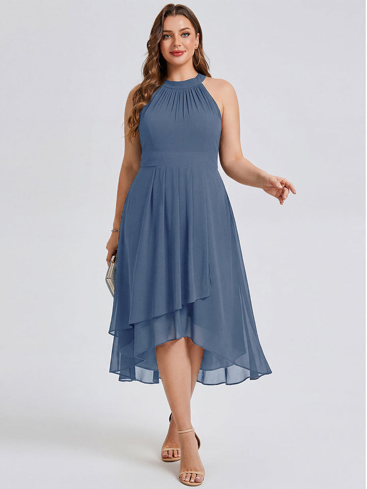 pretty POSIE|Flowy Plus Size Halter Neck Chiffon Midi Wedding Guest Dress
