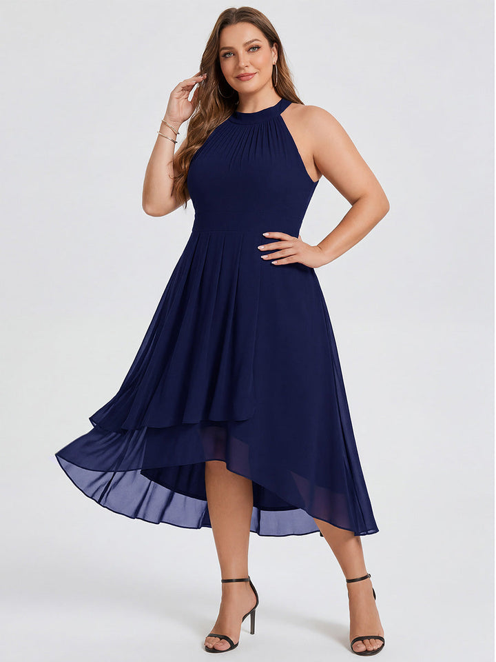pretty POSIE|Flowy Plus Size Halter Neck Chiffon Midi Wedding Guest Dress