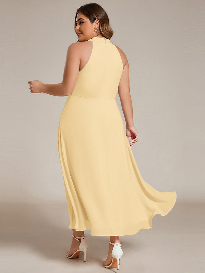 pretty POSIE|Flowy Plus Size Halter Neck Chiffon Midi Wedding Guest Dress