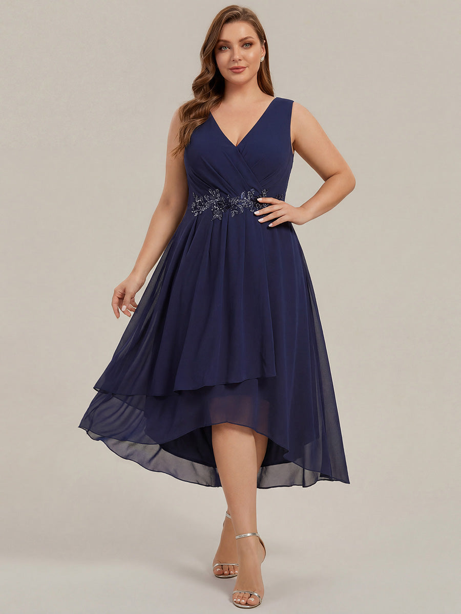 ever IRYS|Sleeveless V-Neck High Low Wedding Guest Dress with Floral Applique
