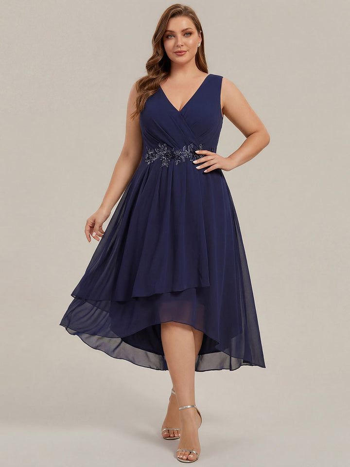 ever IRYS|Sleeveless V-Neck High Low Wedding Guest Dress with Floral Applique