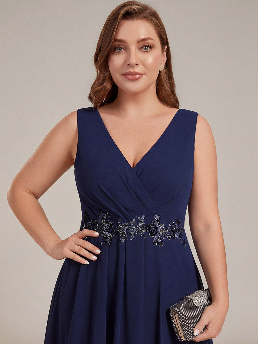 ever IRYS|Sleeveless V-Neck High Low Wedding Guest Dress with Floral Applique