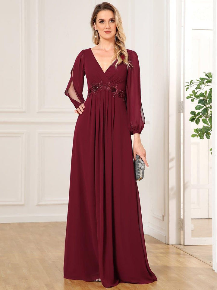 ever AMOUR|Elegant Chiffon V-Neckline Long Sleeve Wedding Guest Dress