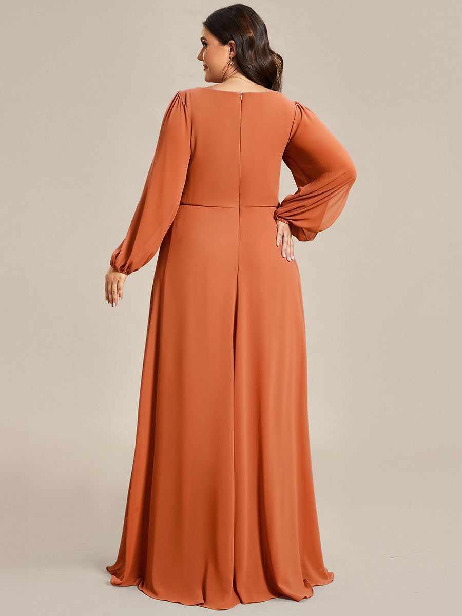 ever AMOUR|Elegant Chiffon V-Neckline Long Sleeve Wedding Guest Dress