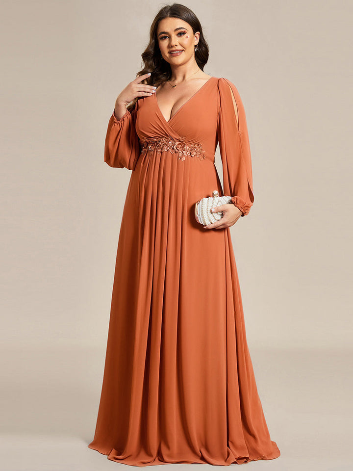ever AMOUR|Elegant Chiffon V-Neckline Long Sleeve Wedding Guest Dress