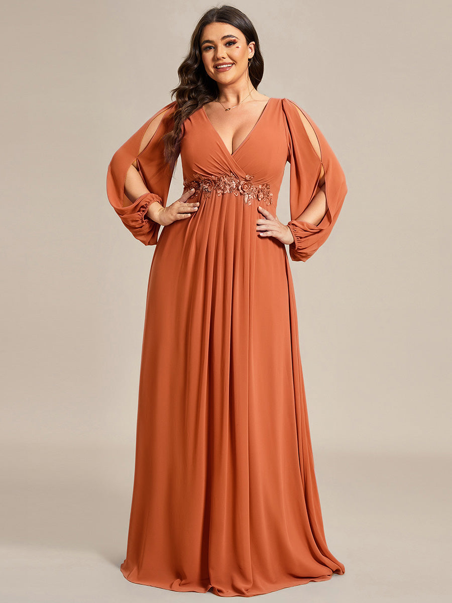 ever AMOUR|Elegant Chiffon V-Neckline Long Sleeve Wedding Guest Dress