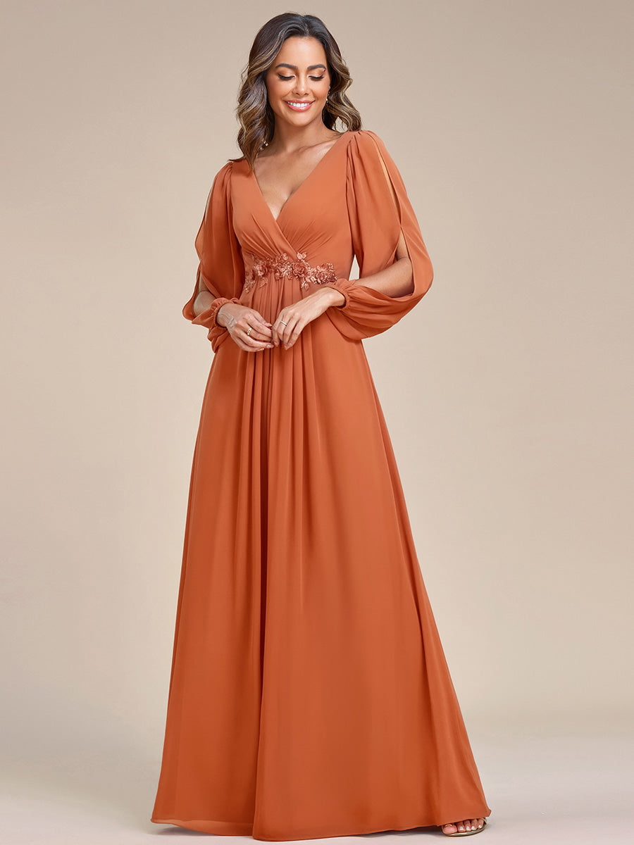 ever AMOUR|Elegant Chiffon V-Neckline Long Sleeve Wedding Guest Dress