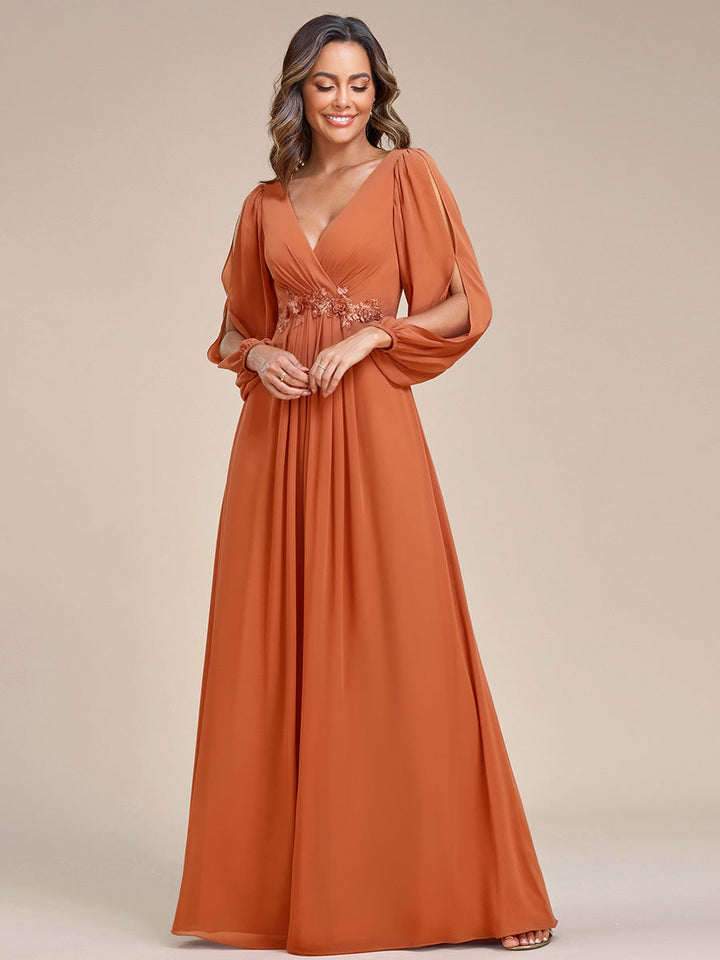 ever AMOUR|Elegant Chiffon V-Neckline Long Sleeve Wedding Guest Dress