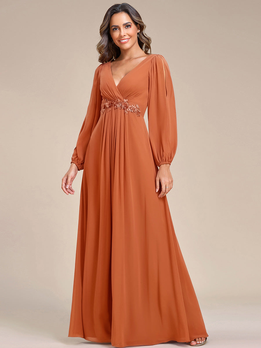 ever AMOUR|Elegant Chiffon V-Neckline Long Sleeve Wedding Guest Dress