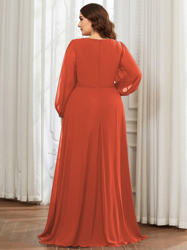 ever AMOUR|Elegant Chiffon V-Neckline Long Sleeve Wedding Guest Dress