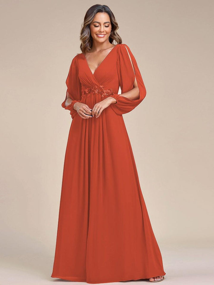 ever AMOUR|Elegant Chiffon V-Neckline Long Sleeve Wedding Guest Dress