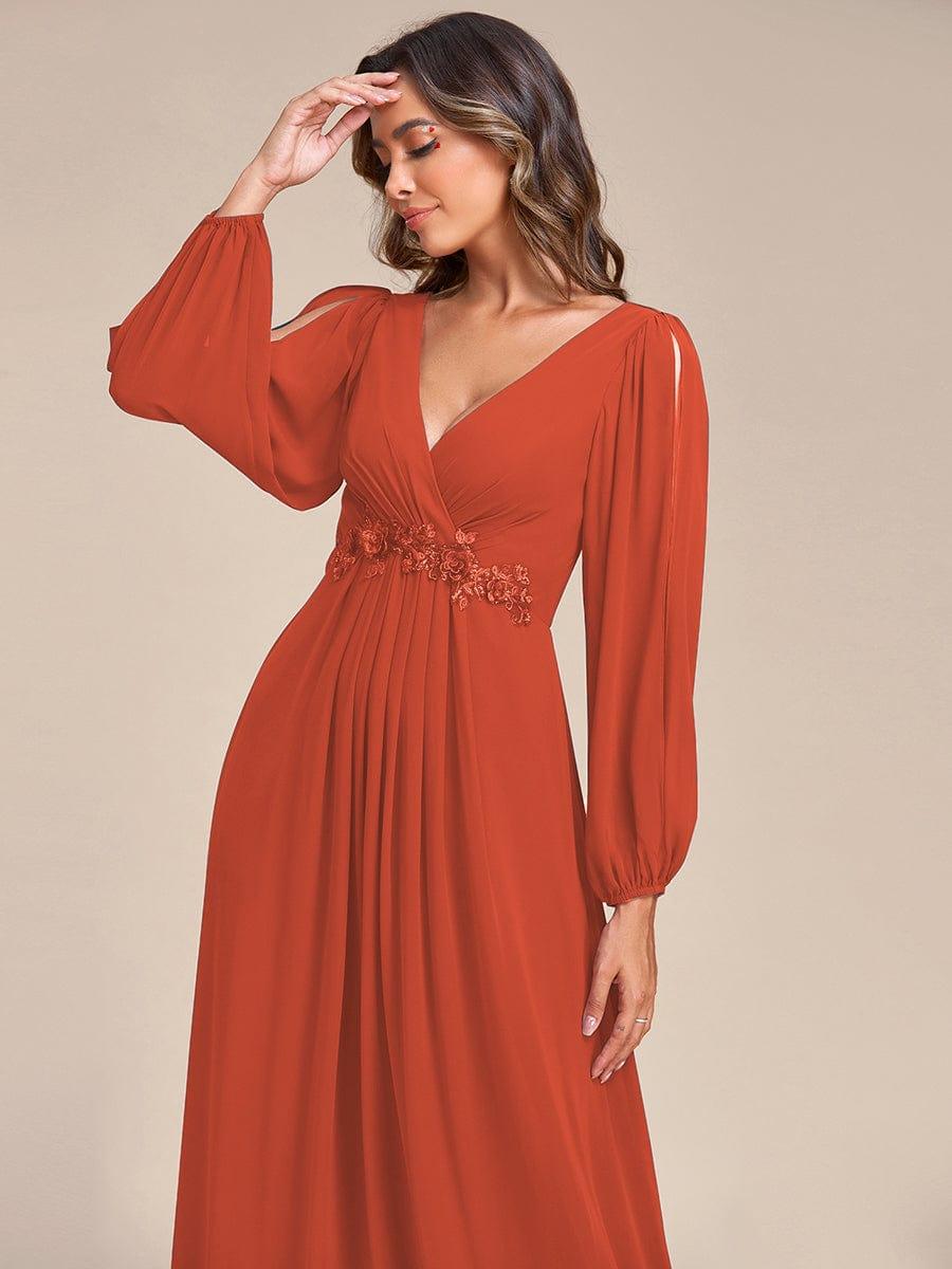 ever AMOUR|Elegant Chiffon V-Neckline Long Sleeve Wedding Guest Dress
