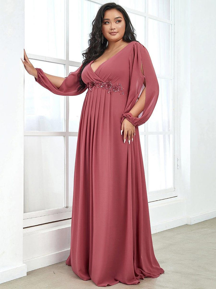 ever AMOUR|Elegant Chiffon V-Neckline Long Sleeve Wedding Guest Dress