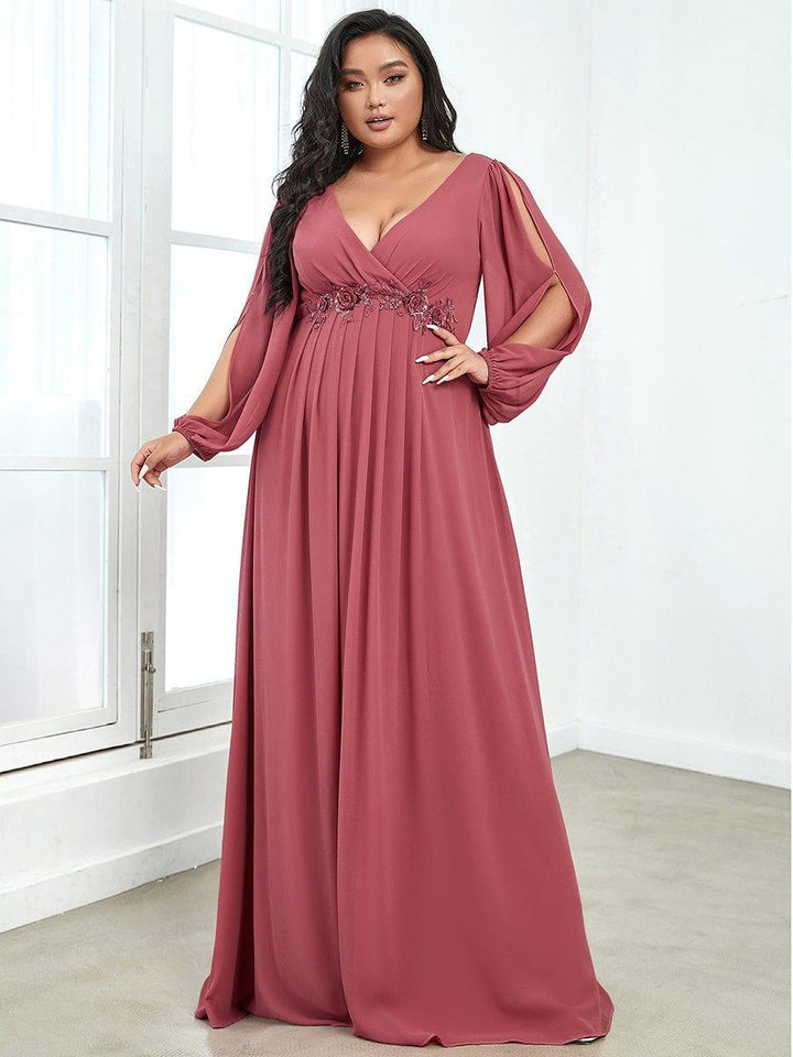 ever AMOUR|Elegant Chiffon V-Neckline Long Sleeve Wedding Guest Dress