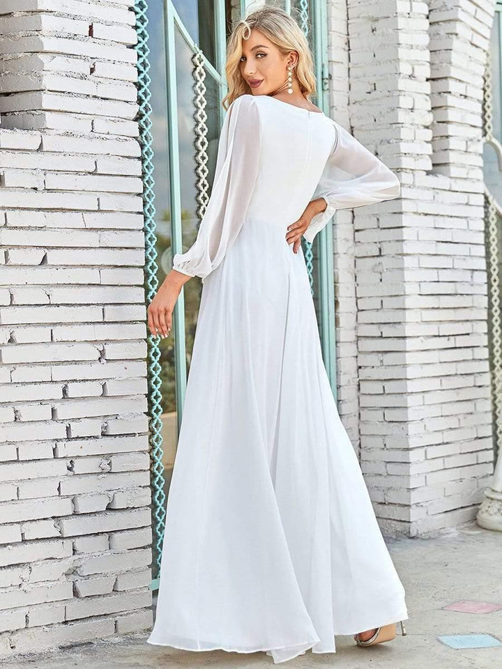 ever AMOUR|Elegant Chiffon V-Neckline Long Sleeve Wedding Guest Dress