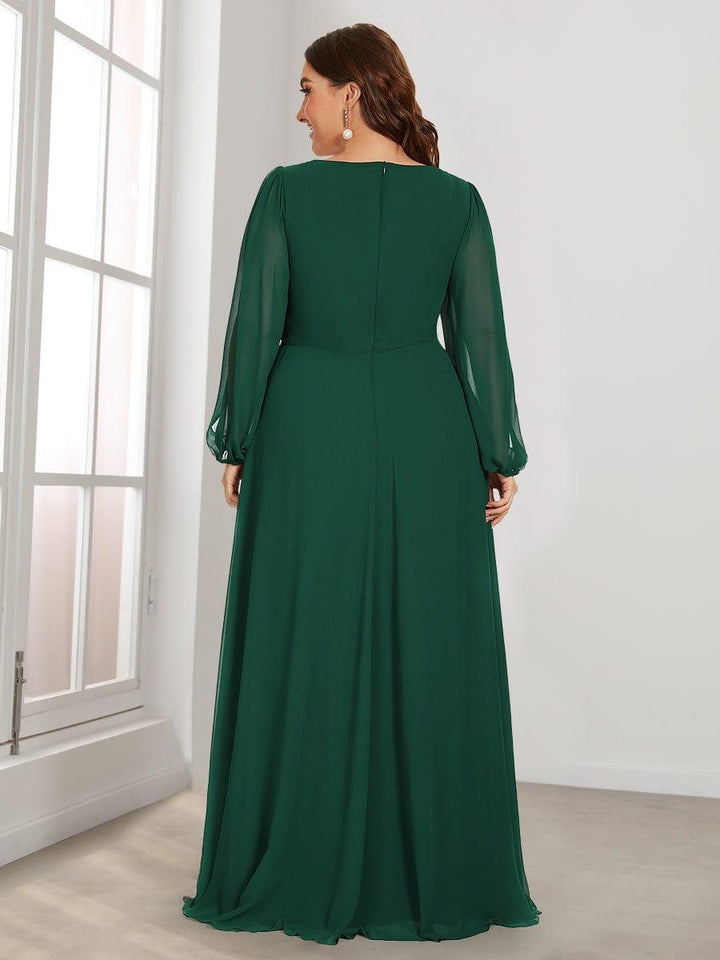 ever AMOUR|Elegant Chiffon V-Neckline Long Sleeve Wedding Guest Dress