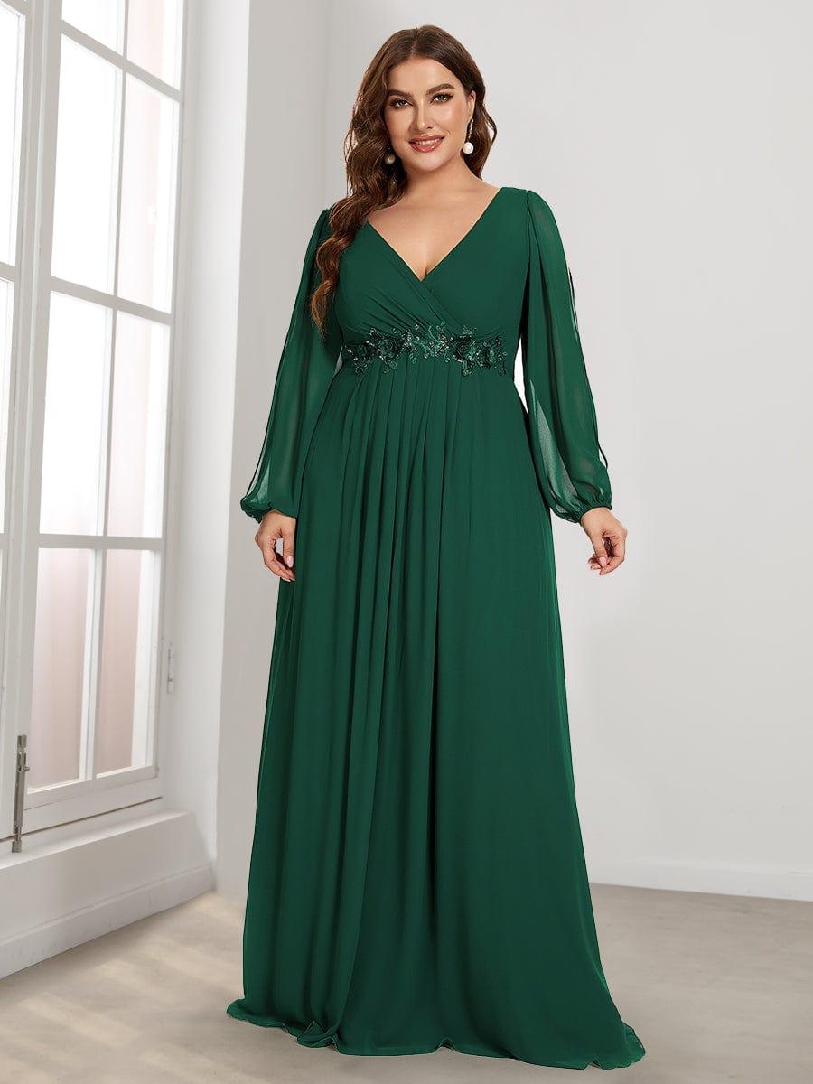 ever AMOUR|Elegant Chiffon V-Neckline Long Sleeve Wedding Guest Dress