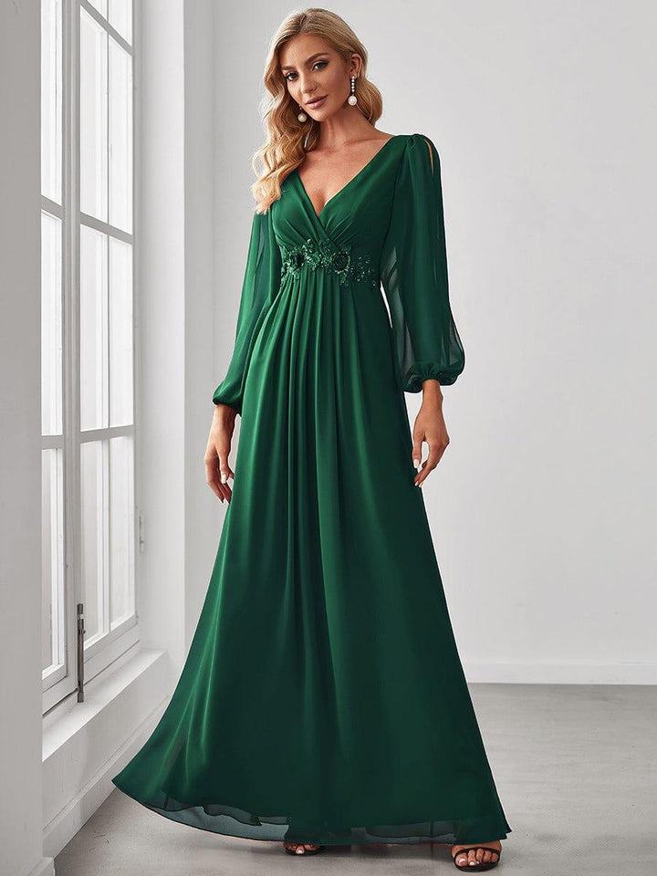 ever AMOUR|Elegant Chiffon V-Neckline Long Sleeve Wedding Guest Dress