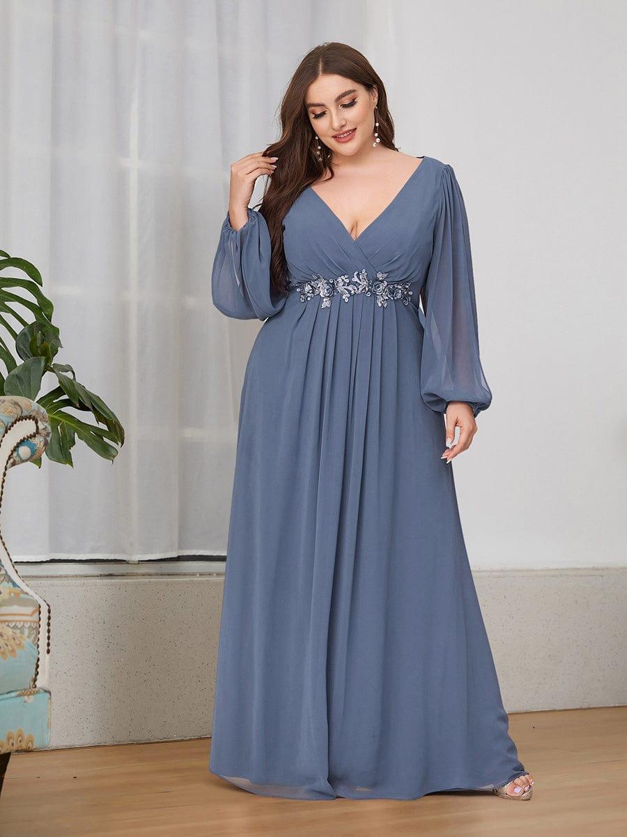 ever AMOUR|Elegant Chiffon V-Neckline Long Sleeve Wedding Guest Dress