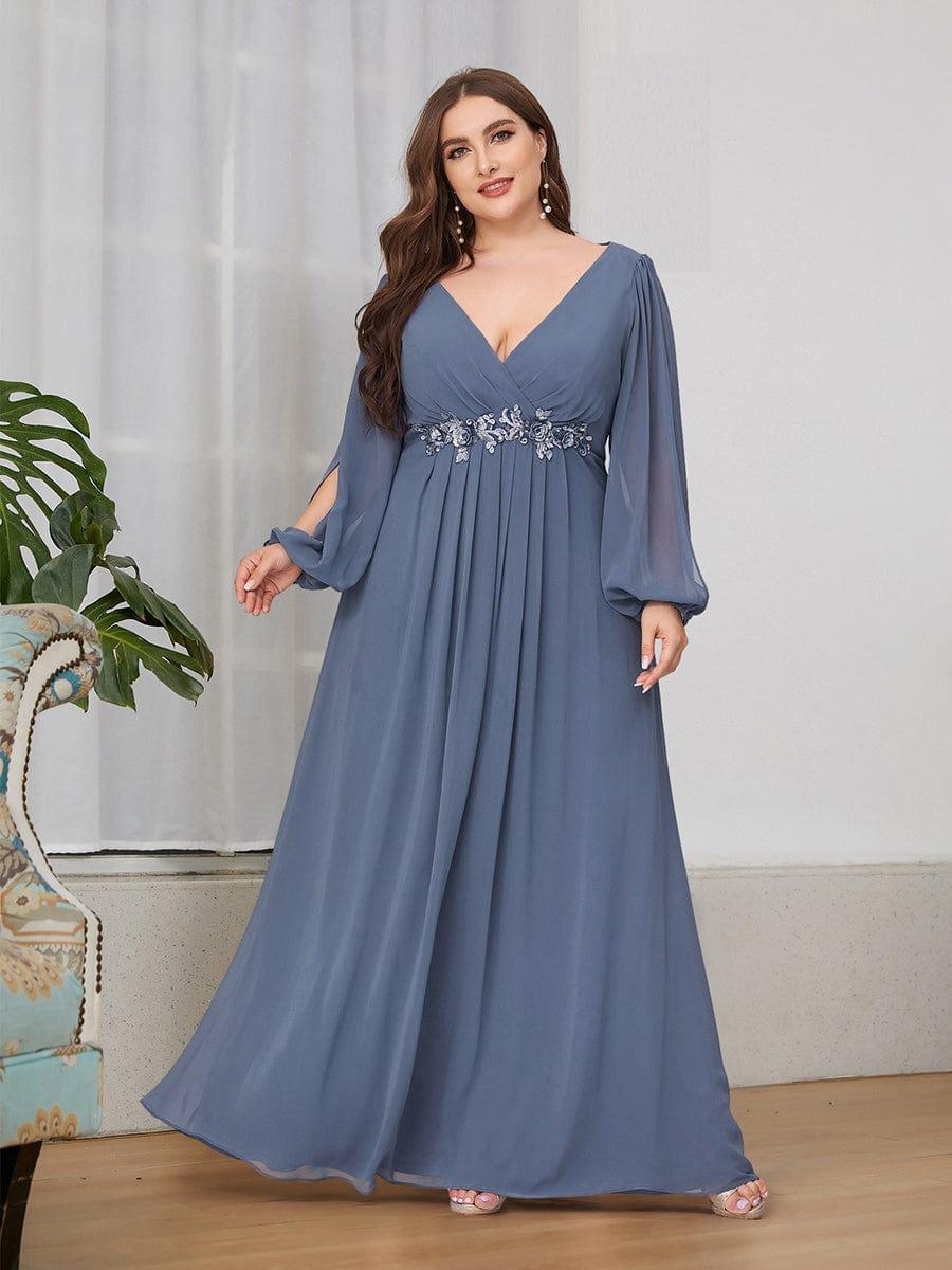 pretty AMOUR|Stylish Plus Size Chiffon Formal Evening Dresses with Long Lantern Sleeves