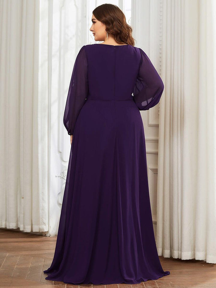 ever AMOUR|Elegant Chiffon V-Neckline Long Sleeve Wedding Guest Dress