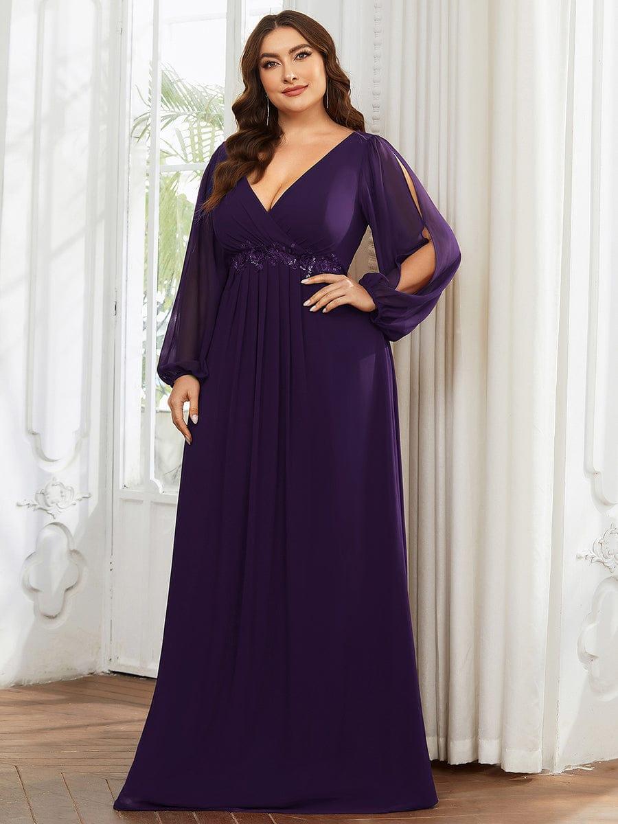 ever AMOUR|Elegant Chiffon V-Neckline Long Sleeve Wedding Guest Dress