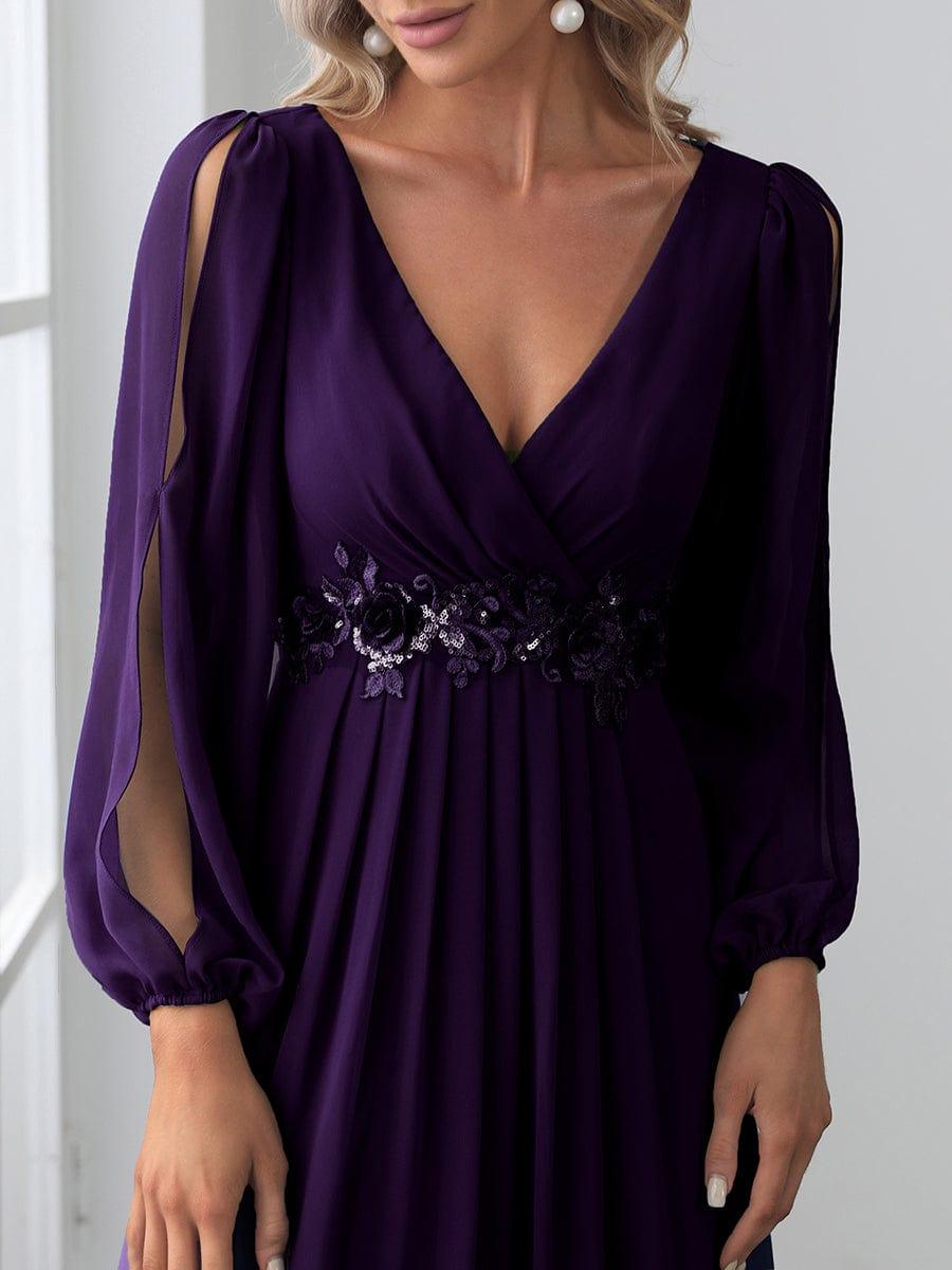 ever AMOUR|Elegant Chiffon V-Neckline Long Sleeve Wedding Guest Dress
