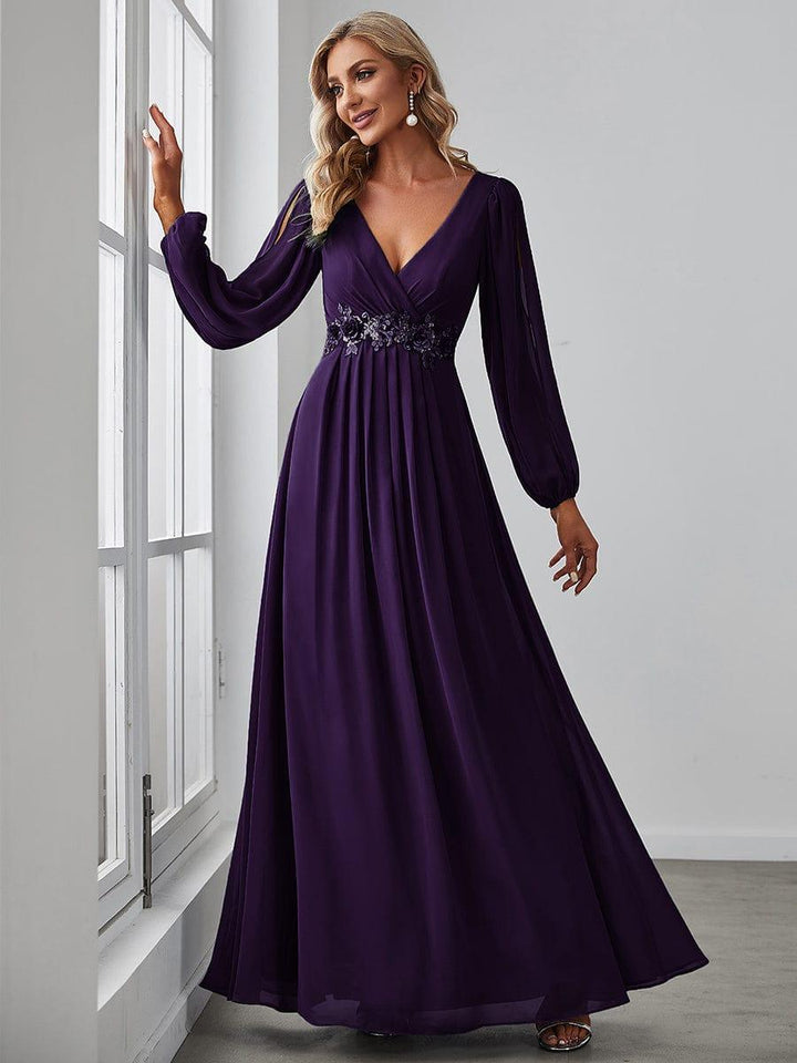 ever AMOUR|Elegant Chiffon V-Neckline Long Sleeve Wedding Guest Dress