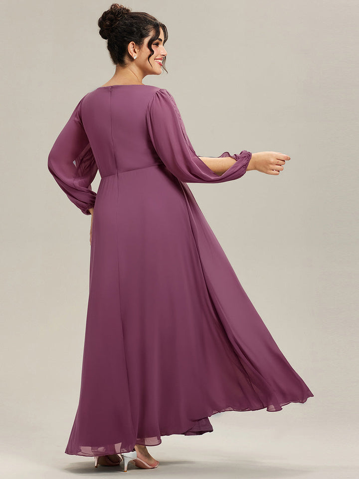 ever AMOUR|Elegant Chiffon V-Neckline Long Sleeve Wedding Guest Dress