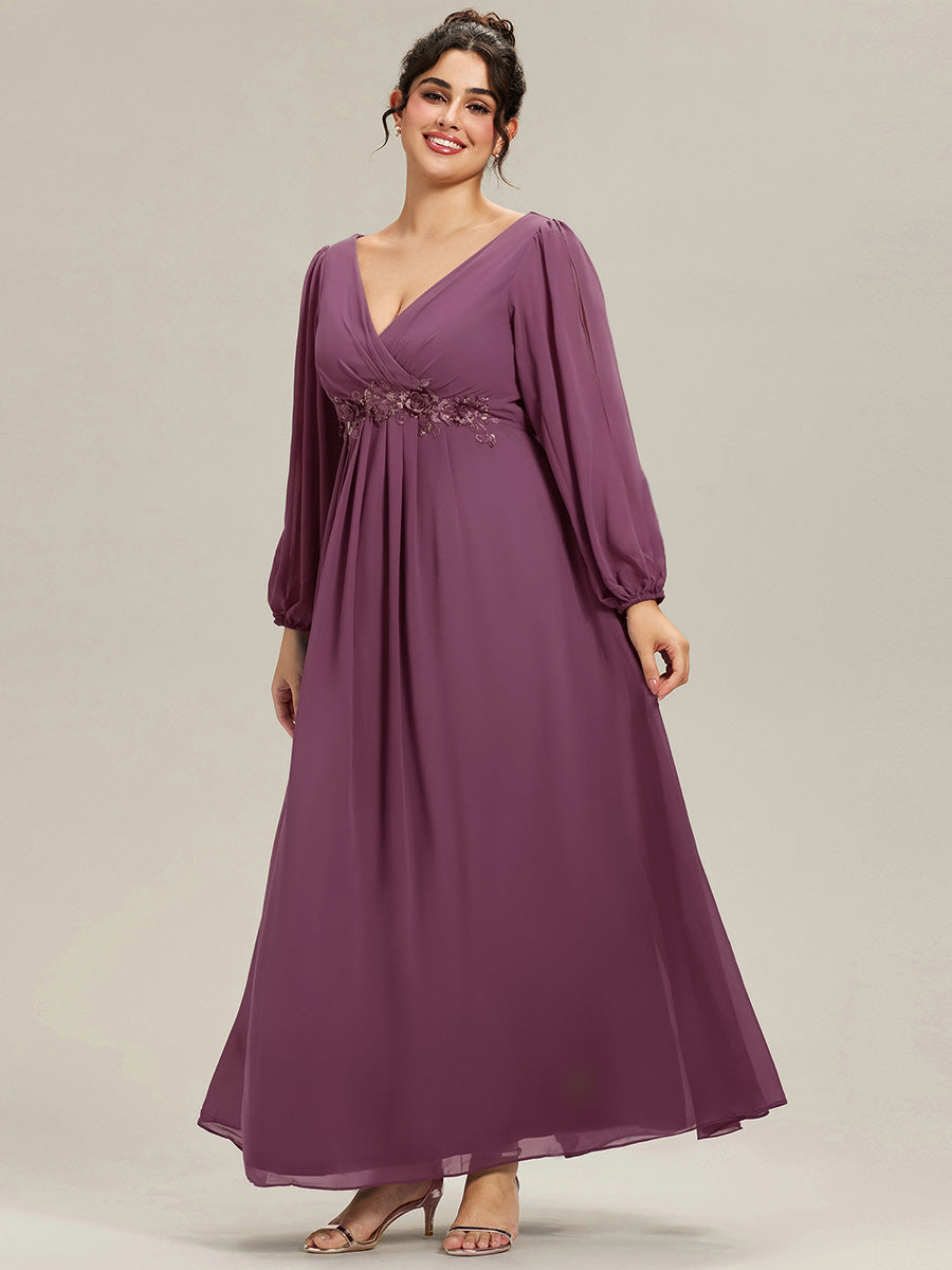 ever AMOUR|Elegant Chiffon V-Neckline Long Sleeve Wedding Guest Dress