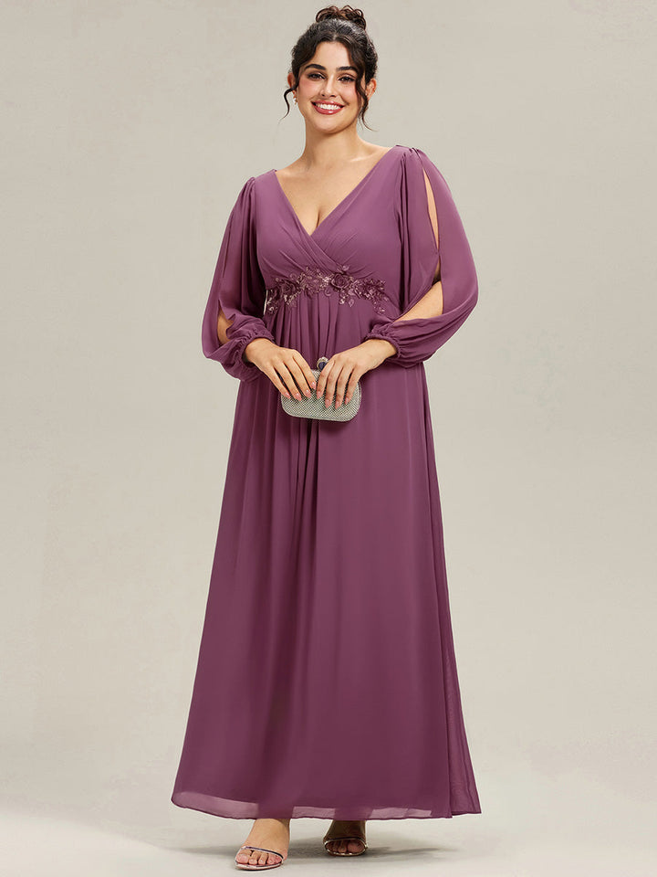 ever AMOUR|Elegant Chiffon V-Neckline Long Sleeve Wedding Guest Dress