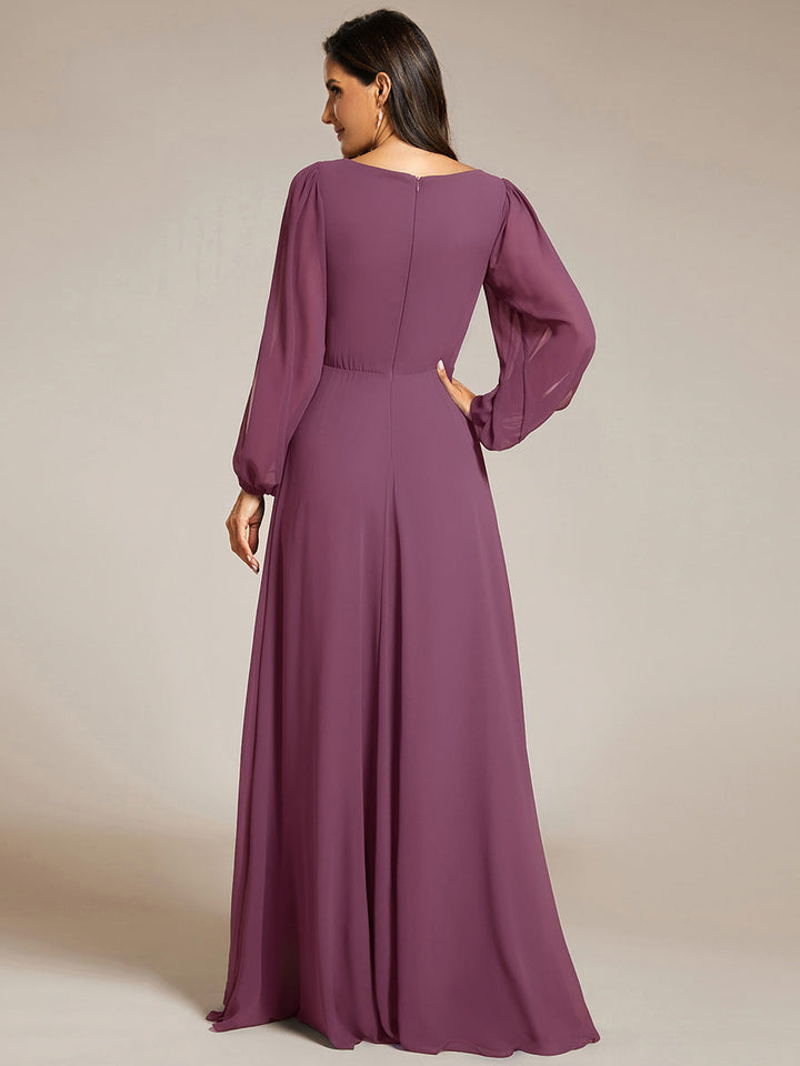 ever AMOUR|Elegant Chiffon V-Neckline Long Sleeve Wedding Guest Dress