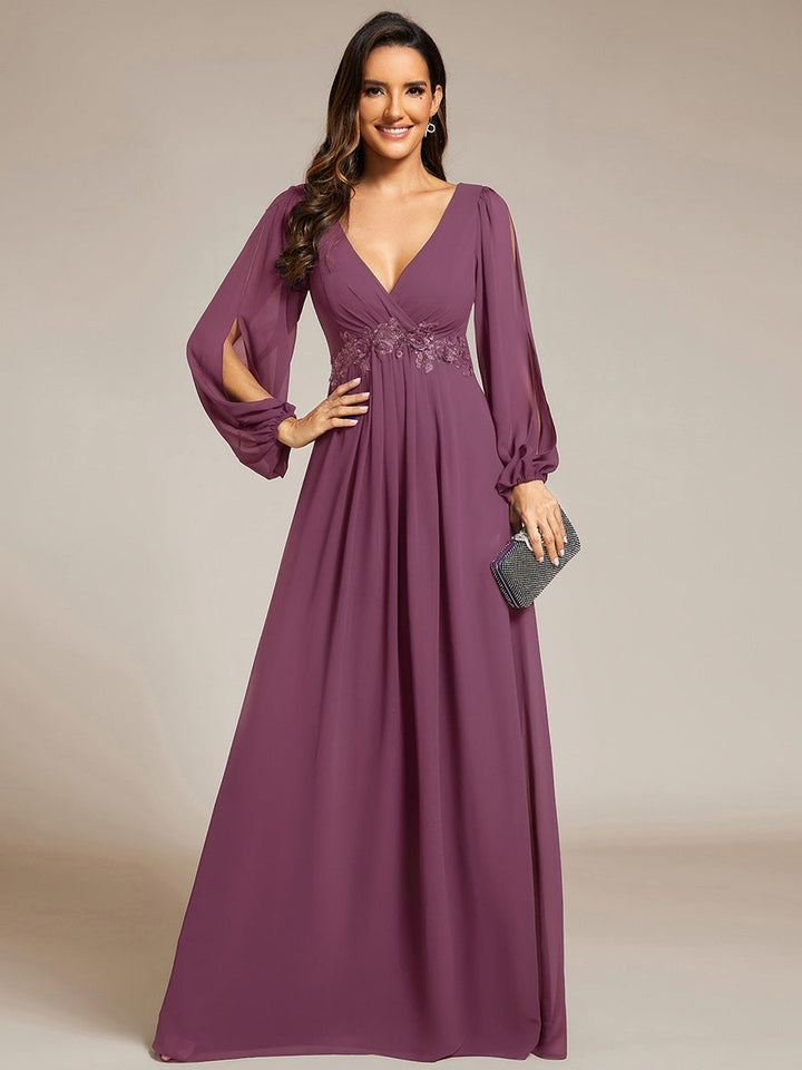 ever AMOUR|Elegant Chiffon V-Neckline Long Sleeve Wedding Guest Dress