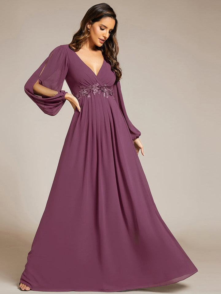 ever AMOUR|Elegant Chiffon V-Neckline Long Sleeve Wedding Guest Dress