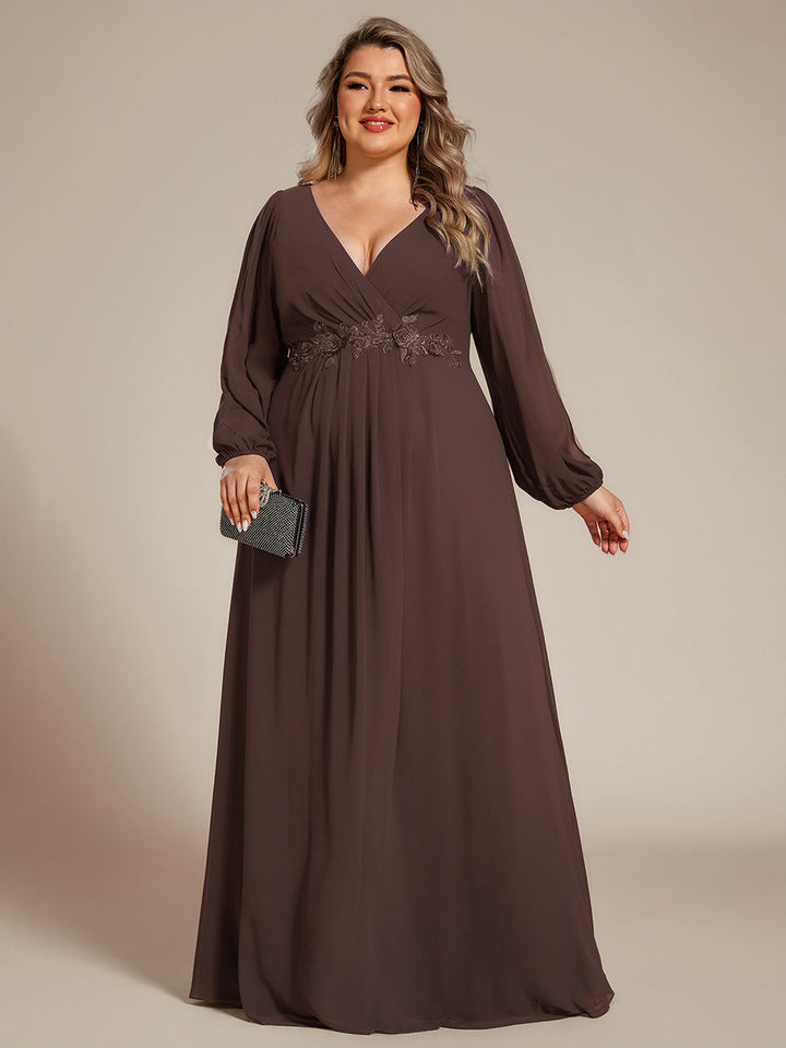 ever AMOUR|Elegant Chiffon V-Neckline Long Sleeve Wedding Guest Dress