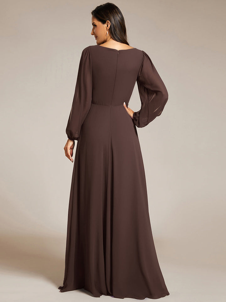 ever AMOUR|Elegant Chiffon V-Neckline Long Sleeve Wedding Guest Dress