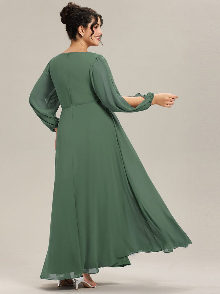 ever AMOUR|Elegant Chiffon V-Neckline Long Sleeve Wedding Guest Dress