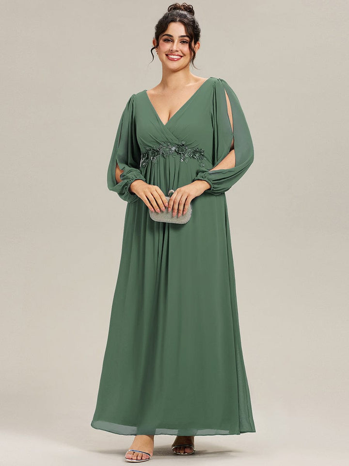 ever AMOUR|Elegant Chiffon V-Neckline Long Sleeve Wedding Guest Dress