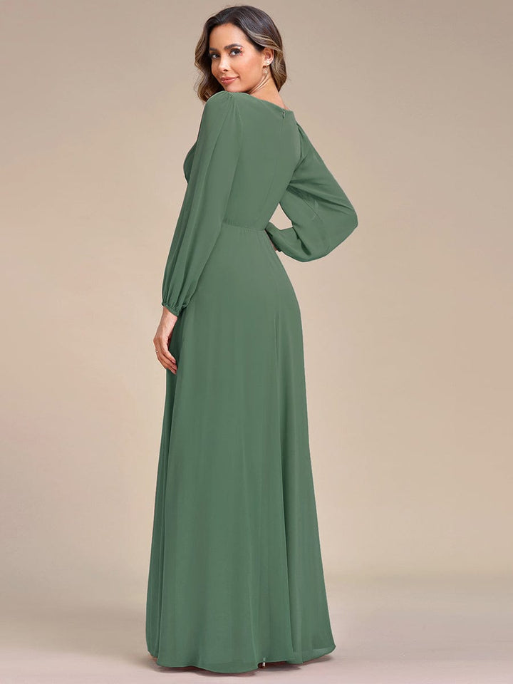 ever AMOUR|Elegant Chiffon V-Neckline Long Sleeve Wedding Guest Dress
