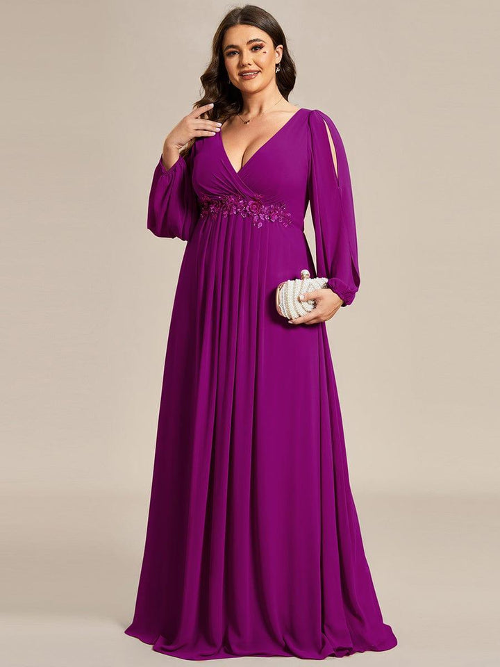 pretty AMOUR|Stylish Plus Size Chiffon Formal Evening Dresses with Long Lantern Sleeves