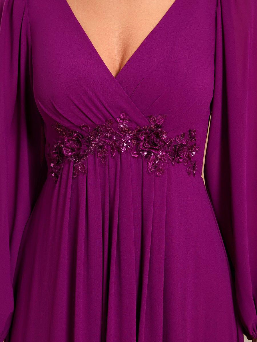 ever AMOUR|Elegant Chiffon V-Neckline Long Sleeve Wedding Guest Dress