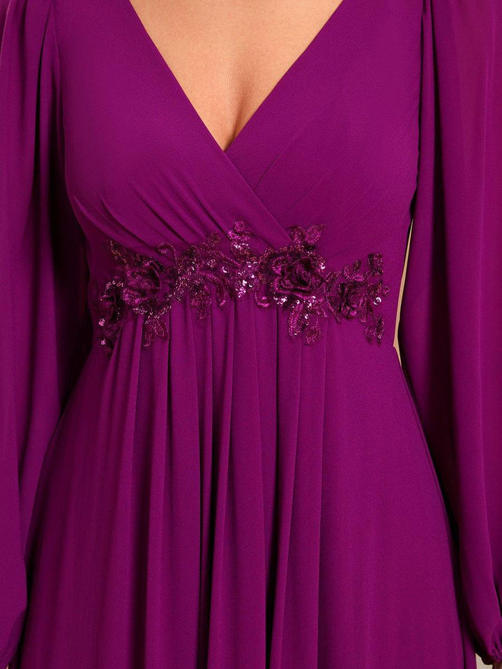 ever AMOUR|Elegant Chiffon V-Neckline Long Sleeve Wedding Guest Dress