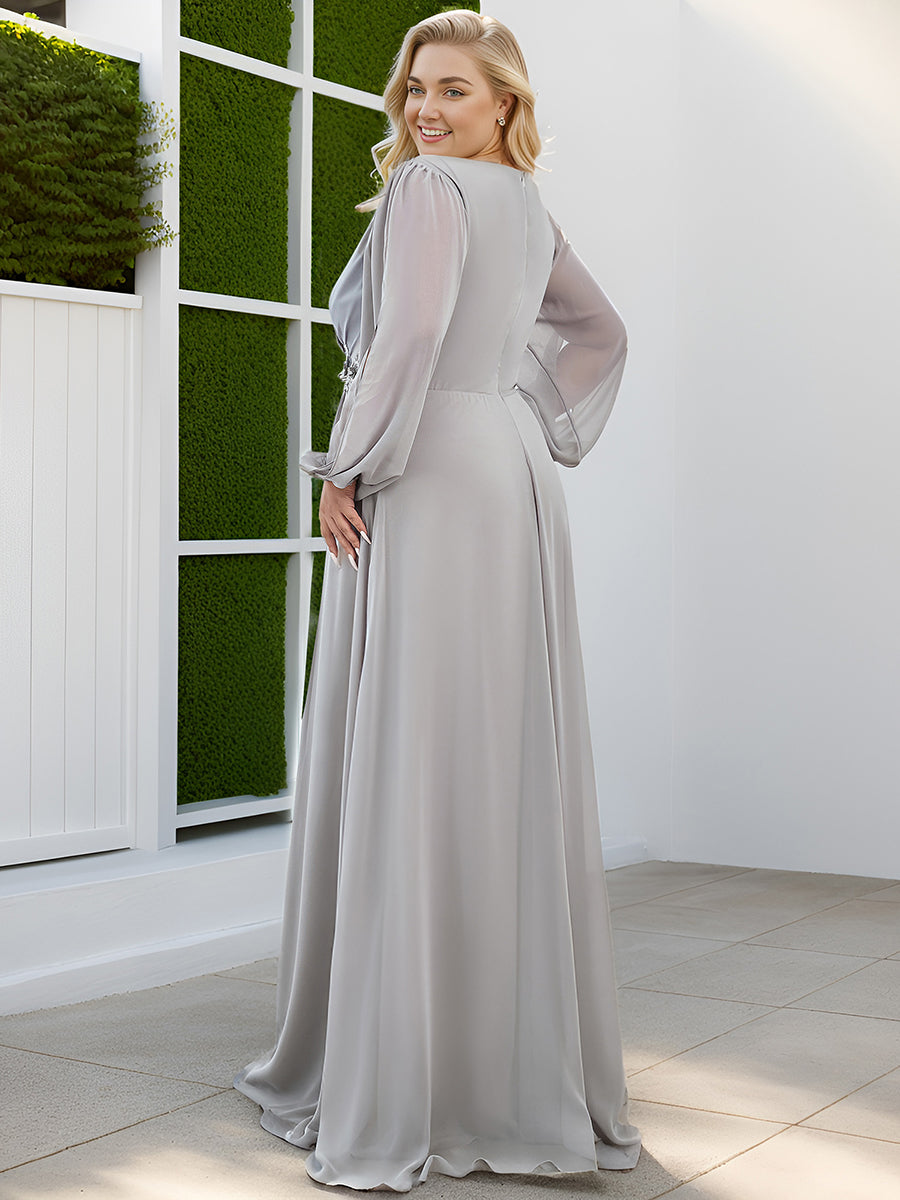 ever AMOUR|Elegant Chiffon V-Neckline Long Sleeve Wedding Guest Dress