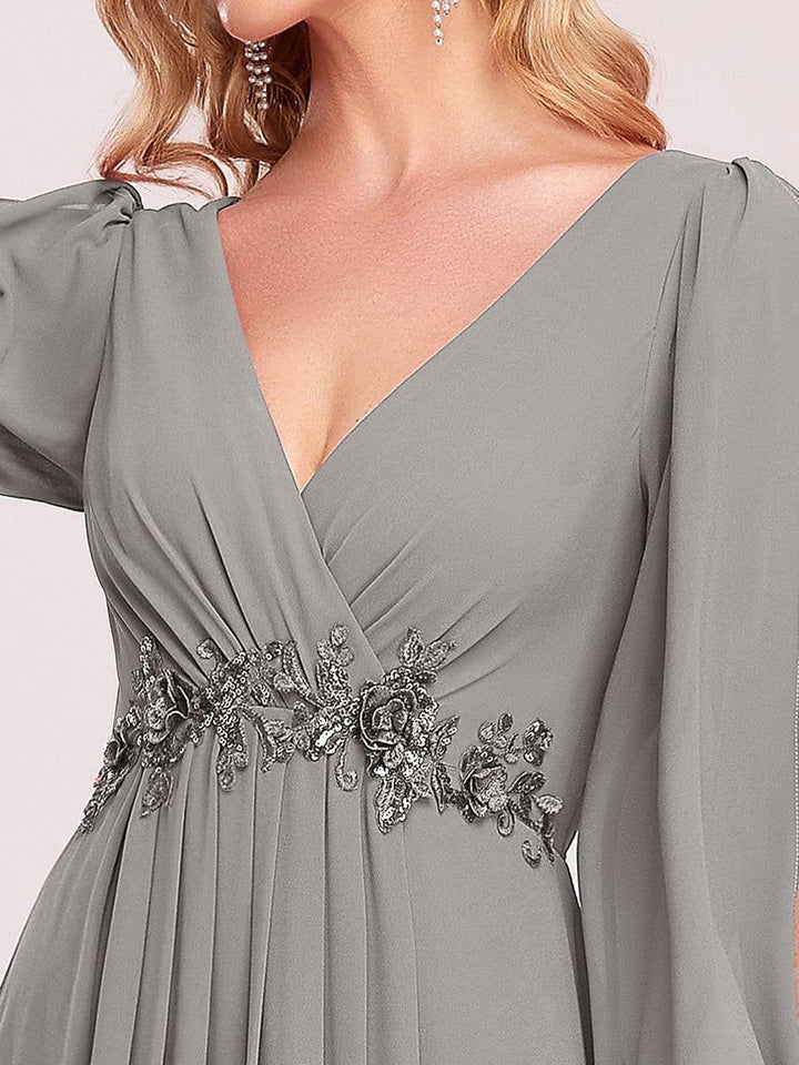 ever AMOUR|Elegant Chiffon V-Neckline Long Sleeve Wedding Guest Dress