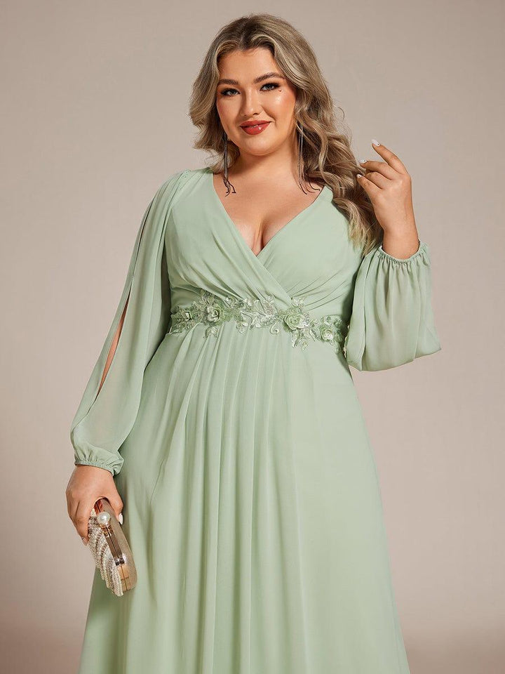 ever AMOUR|Elegant Chiffon V-Neckline Long Sleeve Wedding Guest Dress