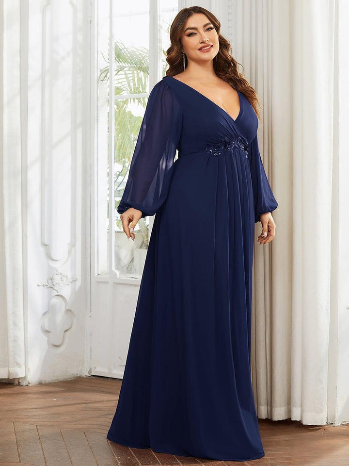pretty AMOUR|Stylish Plus Size Chiffon Formal Evening Dresses with Long Lantern Sleeves